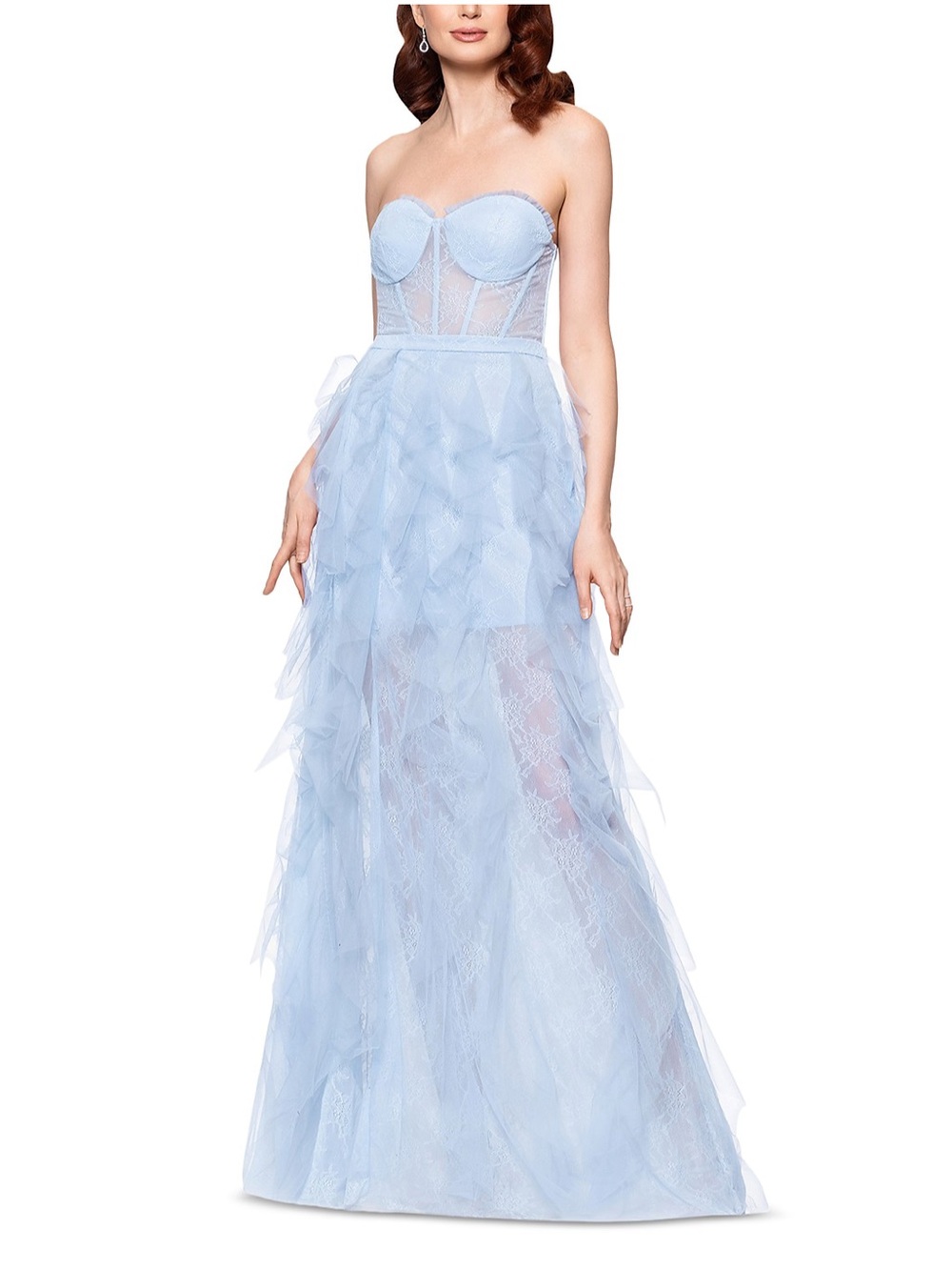 NWT AQUA Strapless Lace Tulle Ruffle Gown